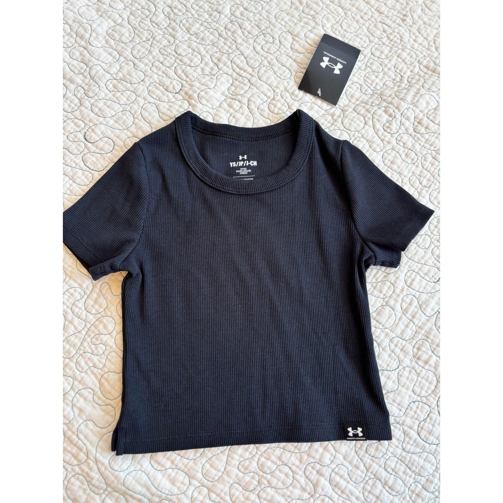 Under Armour Girls Black Ribbed Fitted Short Sleeve T-Shirt Size Youth Small